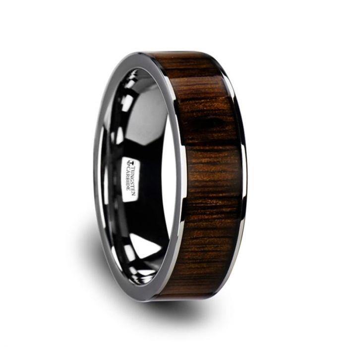 BOKKEN - Flat Tungsten Wedding Band with Black Walnut Wood Inlay & Polished Edges - 6mm - 10mm - The Rutile Ltd