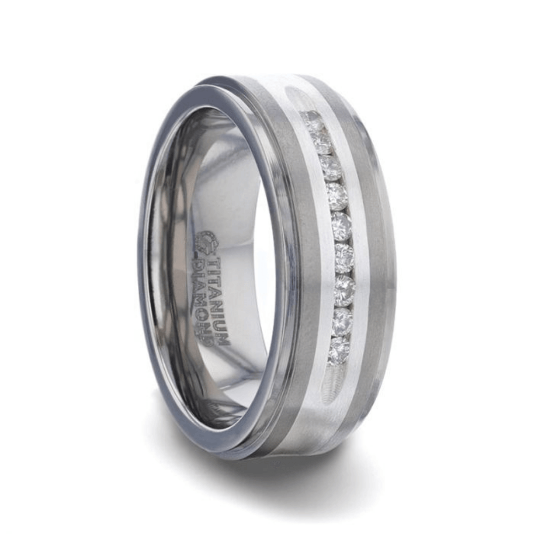 BOND - Flat Brushed Silver Inlaid Titanium Men's Wedding Band With 9 Channel Set White Diamonds - 8mm - The Rutile Ltd