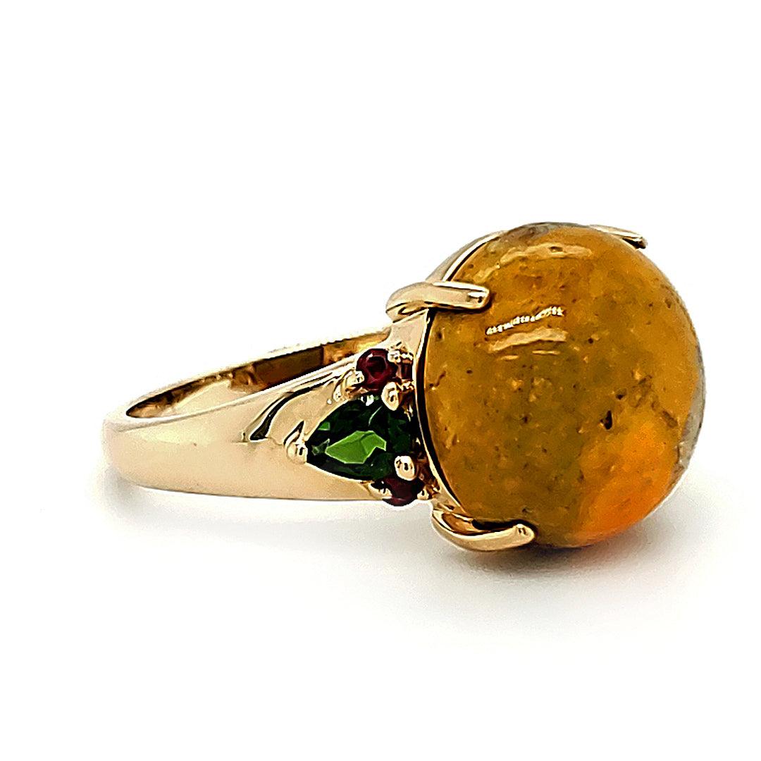 "Bumble" Bumblebee Jasper 14kt Yellow Gold Ring with Chrome Diopside and Ruby - The Rutile Ltd