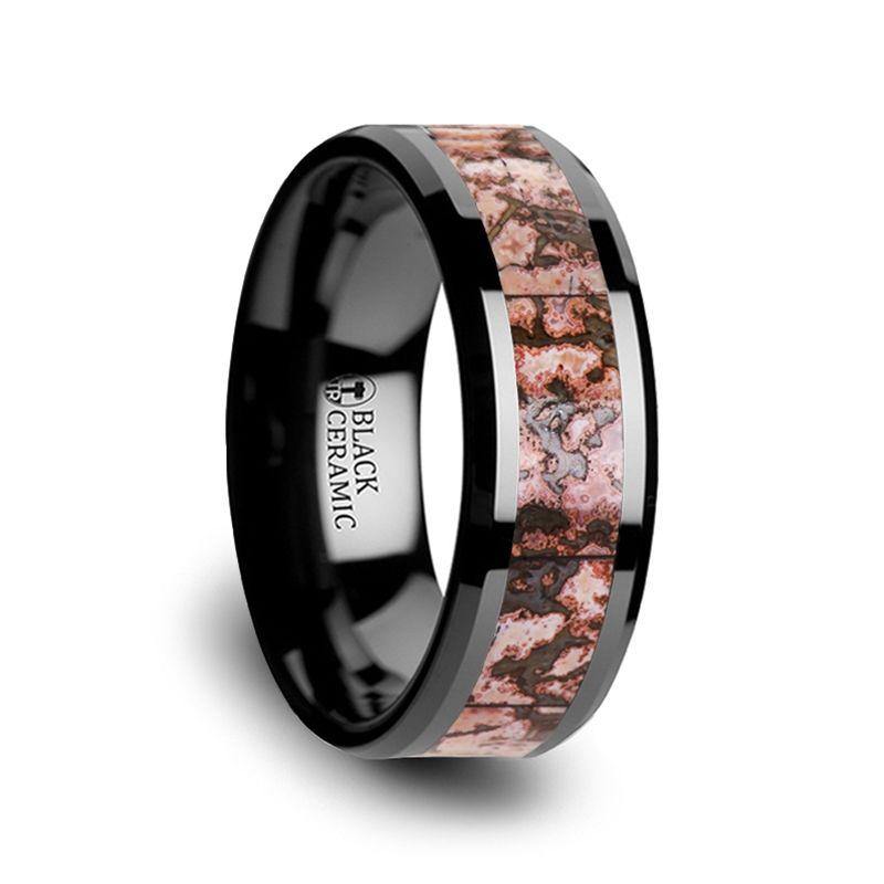 CAMBRIAN - Pink Dinosaur Bone Inlaid Black Ceramic Beveled Edged Ring - 4mm & 8mm - The Rutile Ltd