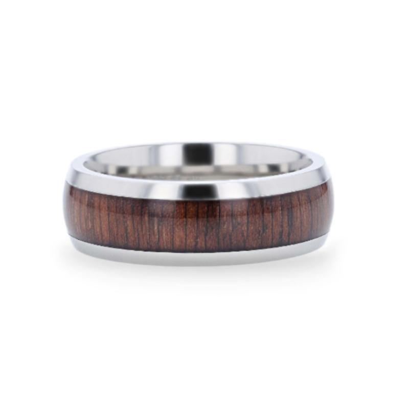 CARY - Black Walnut Wood Inlaid Titanium Domed Polished Finish Men's Wedding Ring With Beveled Edges - 8mm - The Rutile Ltd