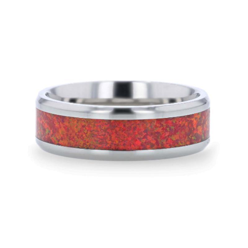 CASSIOPEIA - Titanium Men 's Wedding Ring With Beveled Edges And Red Opal Inlay - 8mm - The Rutile Ltd