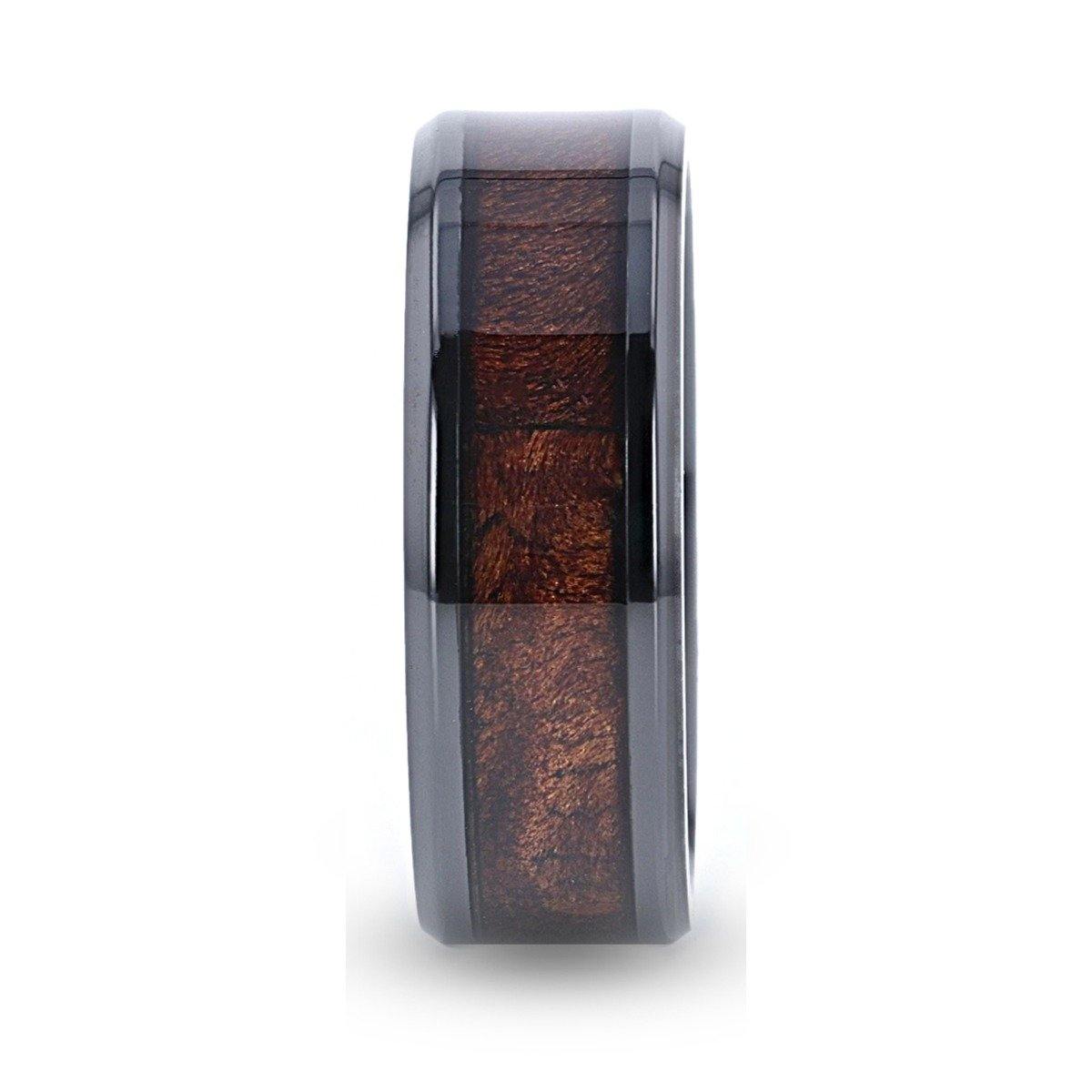 CERISE - Redwood Inlaid Black Ceramic Ring with Beveled Edges - 8mm - The Rutile Ltd
