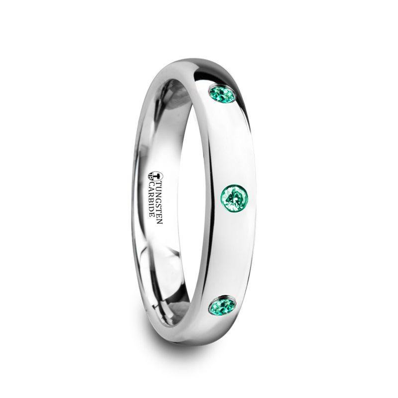 CHLOE - Polished and Domed Tungsten Carbide Wedding Ring with 3 Green Emeralds Setting - 4mm - The Rutile Ltd