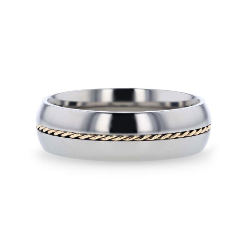 CHRISTIAN - Titanium Domed Polished Men's Wedding Ring With 14k Yellow Gold Braided Inlay - 8mm - The Rutile Ltd