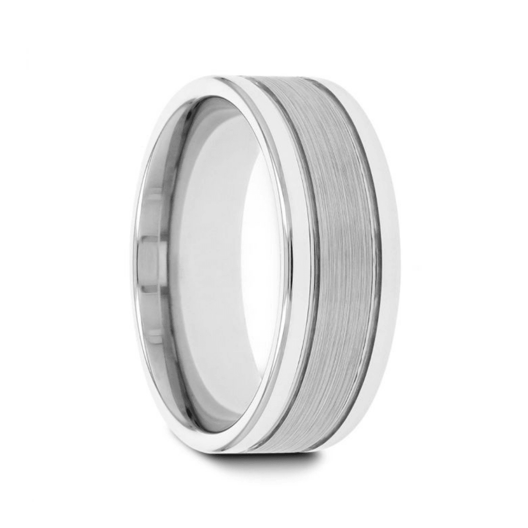 CHRONOS - Flat with Offset Grooves Polished Edges and Satin Center Tungsten Band 6mm or 8mm - The Rutile Ltd