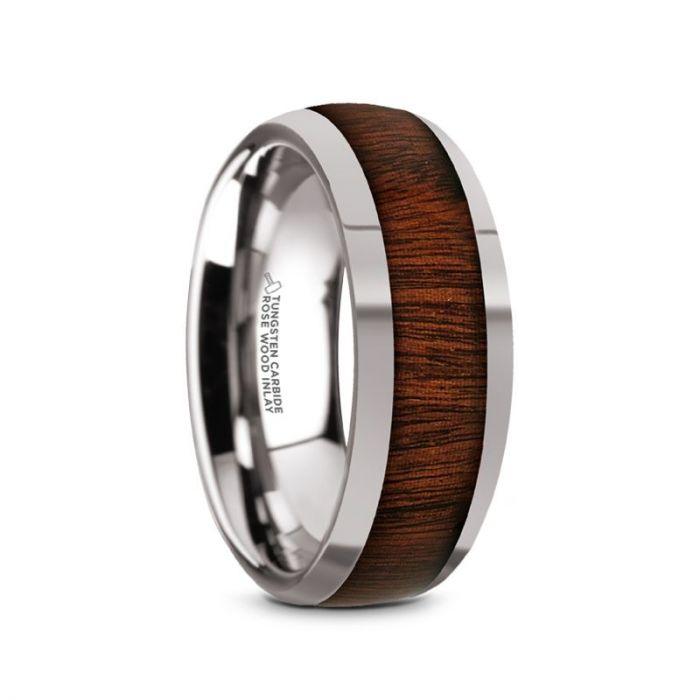 DALBERG - Tungsten Carbide Rosewood Inlay Polished Finish Men’s Domed Wedding Ring - 8mm - The Rutile Ltd