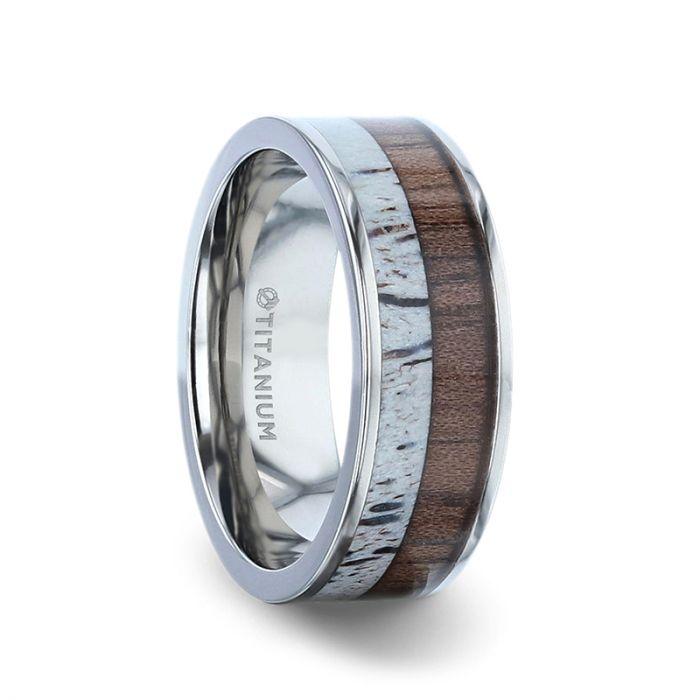 DARBY - Titanium Polished Finish Flat Men's Wedding Ring With Deer Antler And Black Walnut Wood Inlay - 8mm - The Rutile Ltd