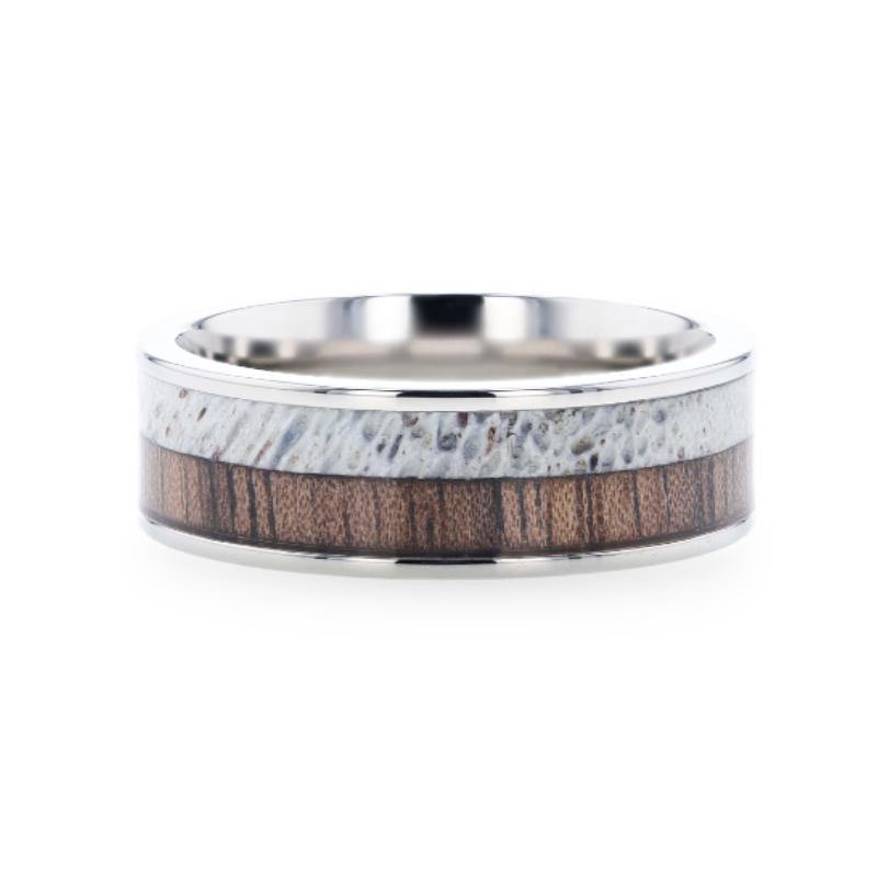 DARBY - Titanium Polished Finish Flat Men's Wedding Ring With Deer Antler And Black Walnut Wood Inlay - 8mm - The Rutile Ltd