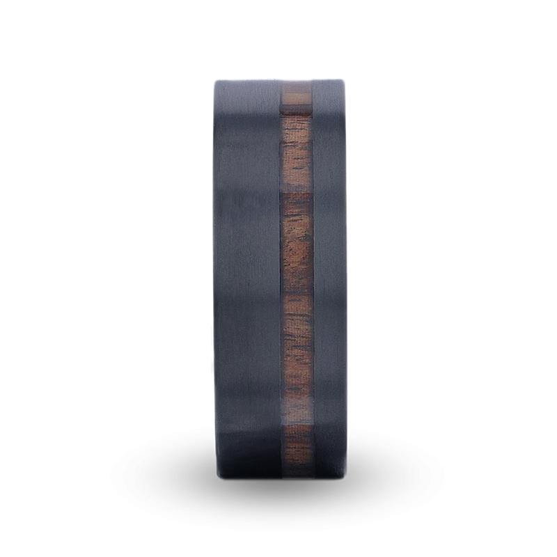 DARING - Off-Set Koa Wood Inlaid Black Titanium Men's Wedding Band With Flat Polished Finish - 8mm - The Rutile Ltd