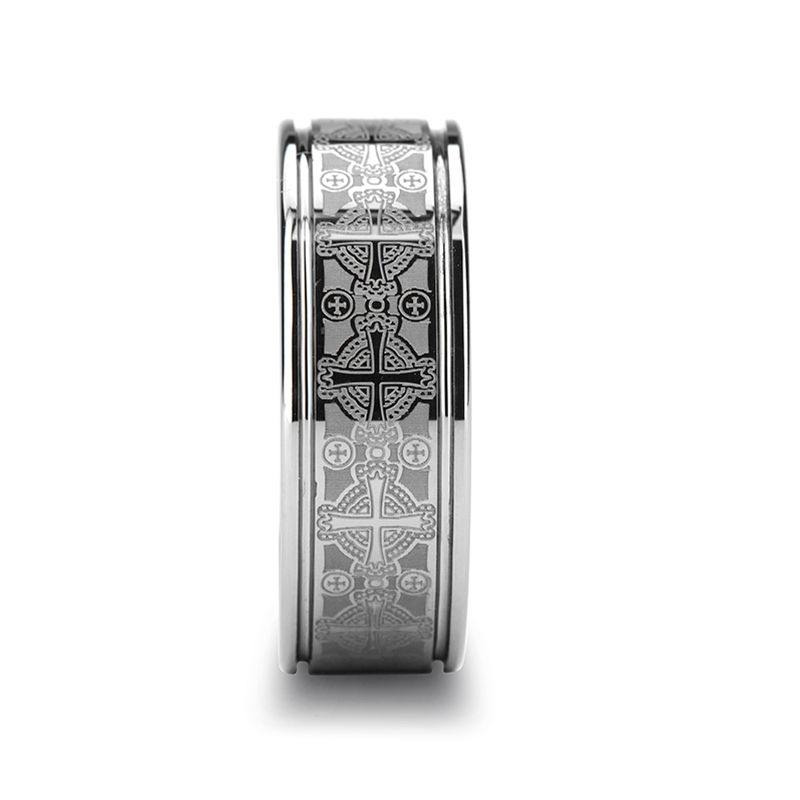 DEACON - Flat Tungsten Ring Laser Engraved Celtic Crosses - 8mm - The Rutile Ltd