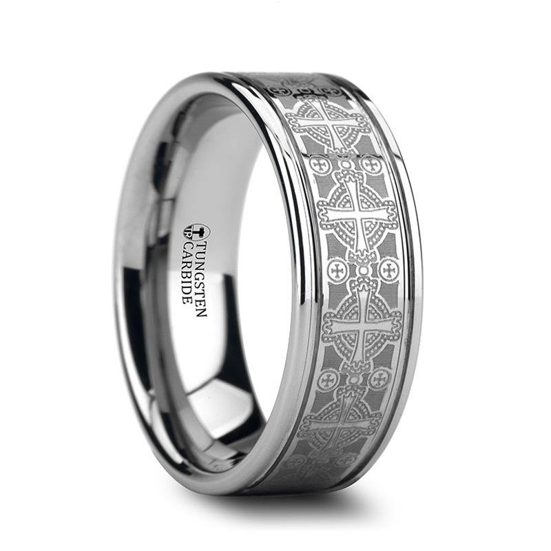 DEACON - Flat Tungsten Ring Laser Engraved Celtic Crosses - 8mm - The Rutile Ltd