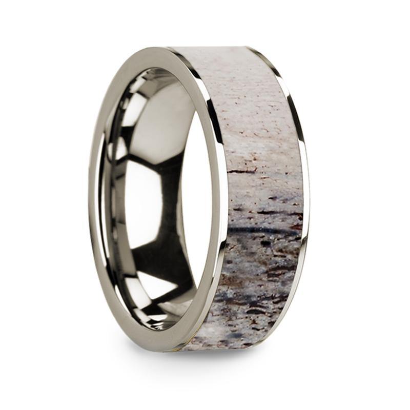 GYNN - Flat Polished 14k White Gold Wedding Ring with Ombre Deer Antler Inlay - 8 mm - The Rutile Ltd