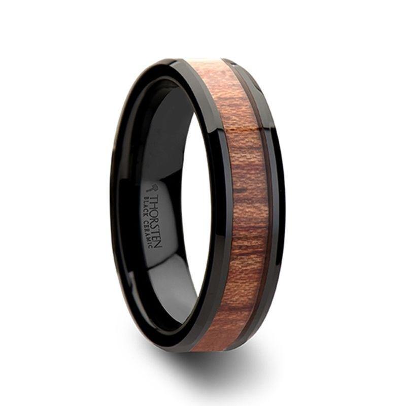 DENALI - Black Ceramic Wedding Band with Bevels and Rosewood Inlay - 6mm to 12mm - The Rutile Ltd