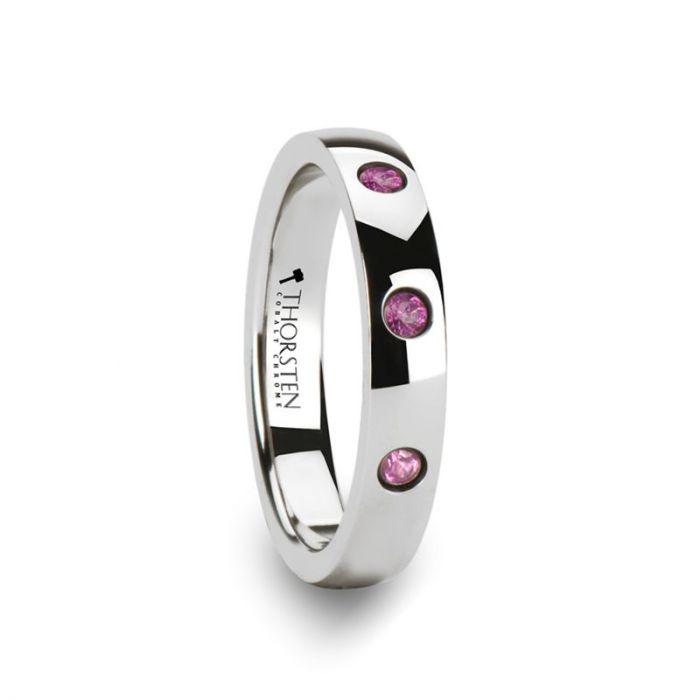 DIANA - Domed White Tungsten Wedding Band with 3 Pink Sapphires - 4 mm - The Rutile Ltd