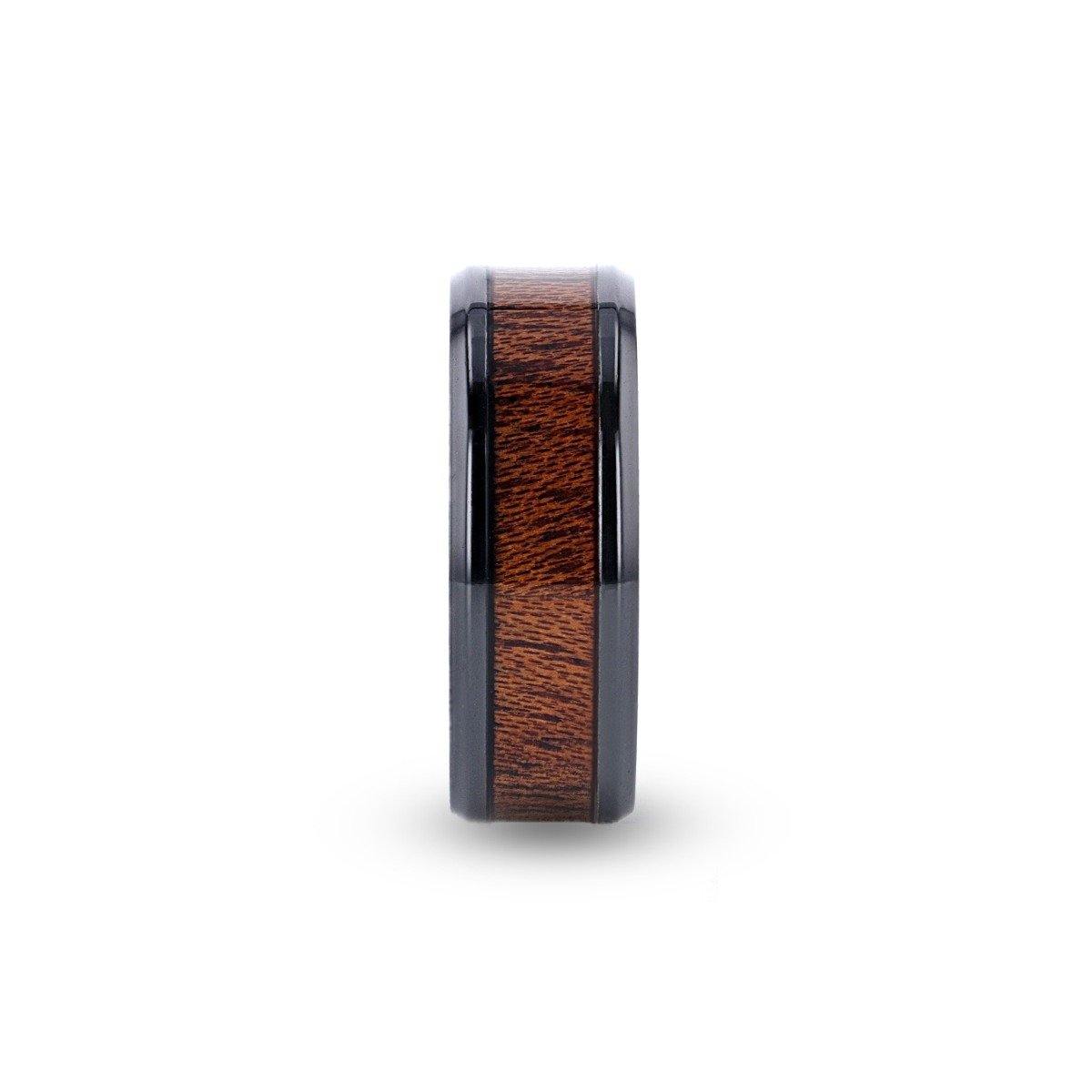 DOMINICA - Black Titanium Band with Polished Bevels and Exotic Mahogany Hard Wood Inlay - 8 mm - The Rutile Ltd