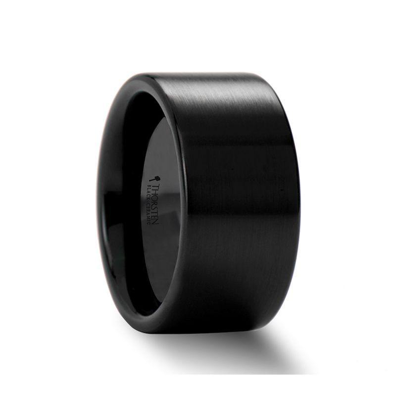 DRAKON - Flat Pipe Cut Brushed Finished Black Ceramic Wedding Band - 10MM - 12MM - The Rutile Ltd