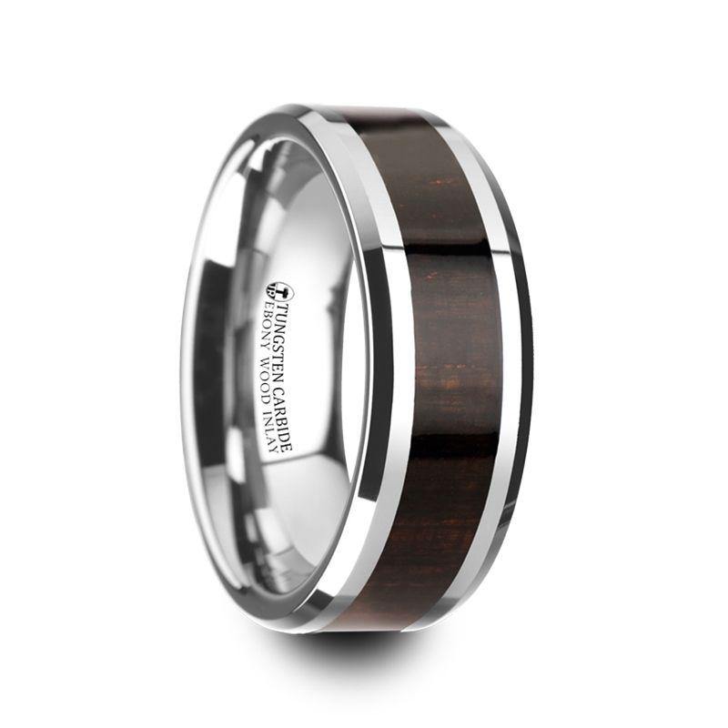 ARCANE - Ebony Wood Inlaid Tungsten Carbide Ring with Bevels - 8mm - The Rutile Ltd