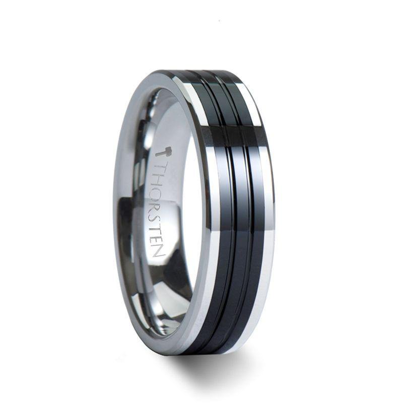 EDINBURGH - Tungsten Ring with Flat Grooved Black Ceramic Inlay - 6mm - 10mm - The Rutile Ltd