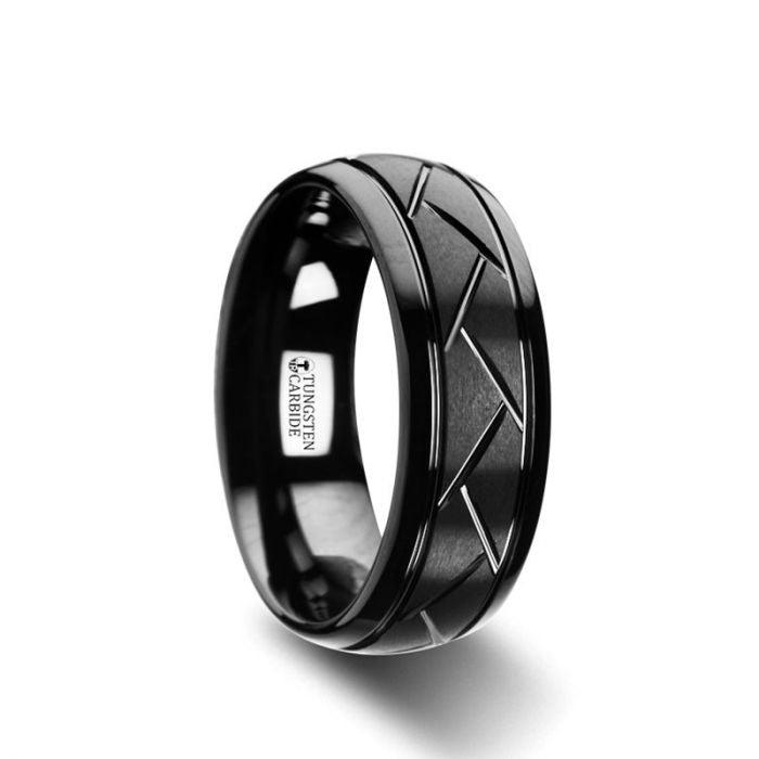 ENIGMA - Domed Black Tungsten Ring with Brushed Cross Alternating Diagonal Cuts Pattern - 8mm - The Rutile Ltd