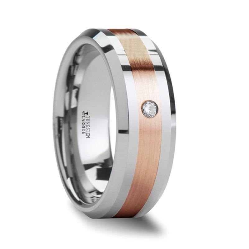 ENZO - Rose Gold Inlaid Beveled Tungsten Ring with Diamond - 8mm - The Rutile Ltd