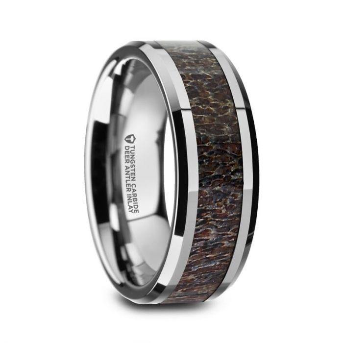 FAWN - Beveled Tungsten Carbide Polished Men's Wedding Band with Dark Antler Inlay - 8mm - The Rutile Ltd