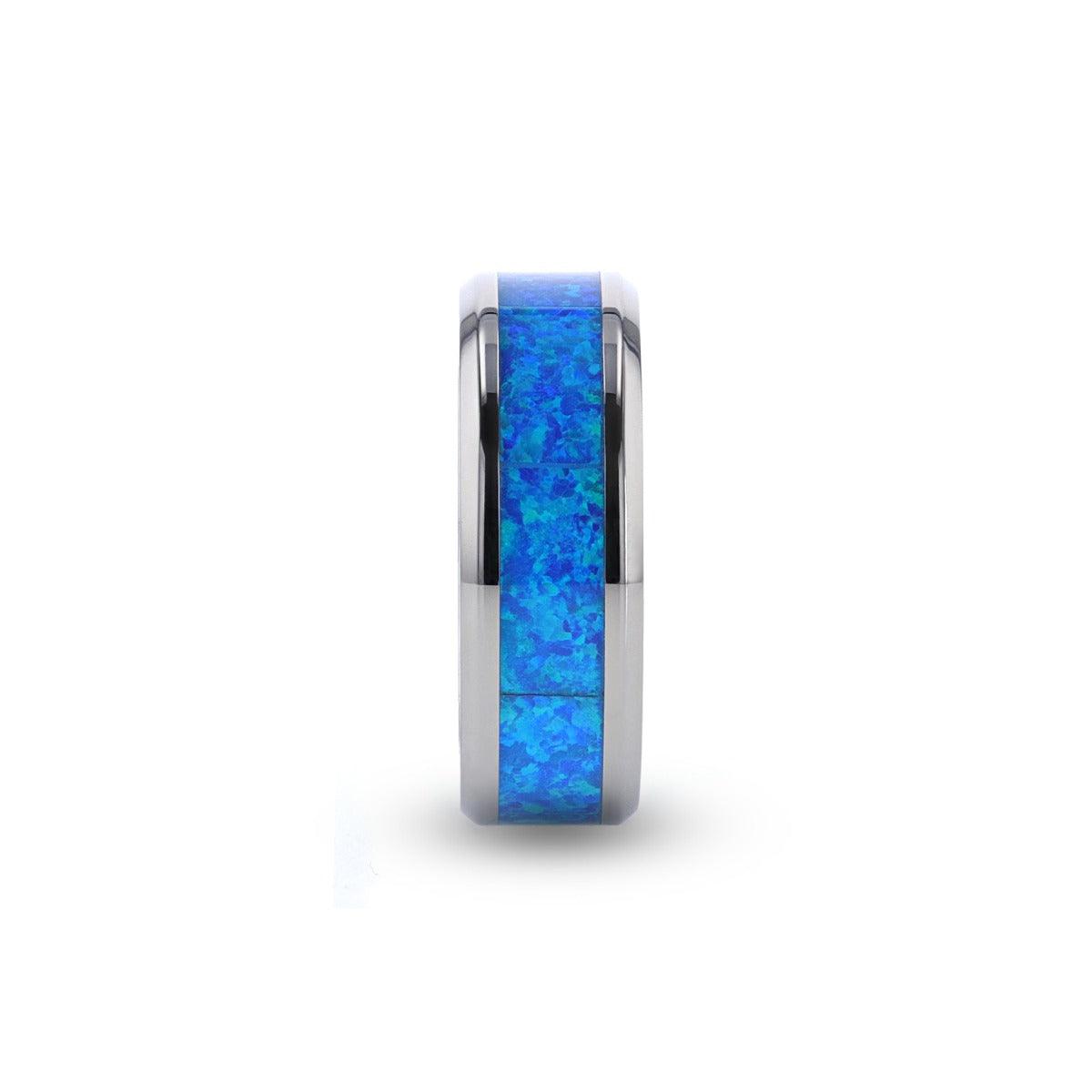 GALAXY - Titanium Polished Beveled Edge with Blue Green Opal Inlay - 8 mm - The Rutile Ltd