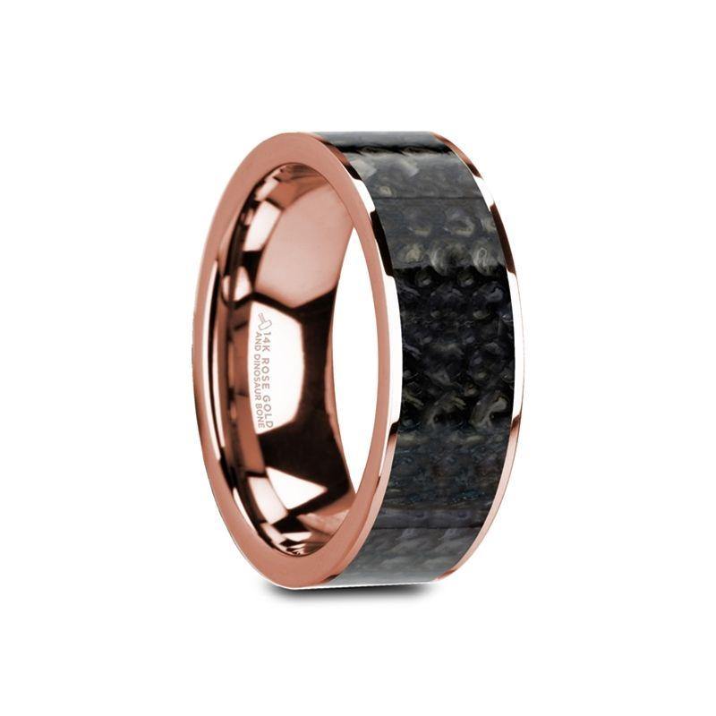 GAMAL - Flat 14K Rose Gold with Blue Dinosaur Bone Inlay and Polished Edges - 8mm - The Rutile Ltd