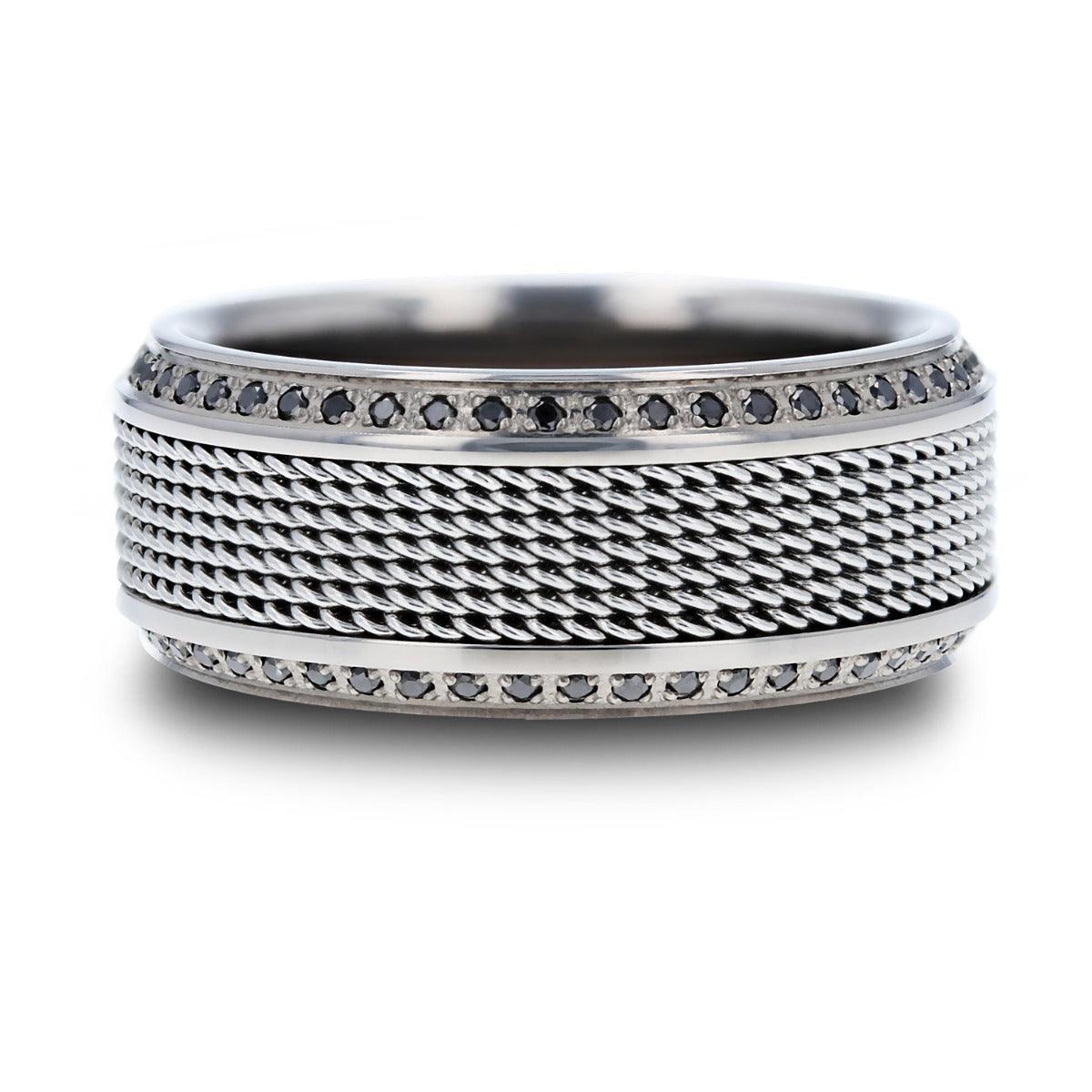 GAUNTLET - Steel Chain Titanium Wedding Ring Polished Beveled Edges Set with Round Black Diamonds - 10mm - The Rutile Ltd