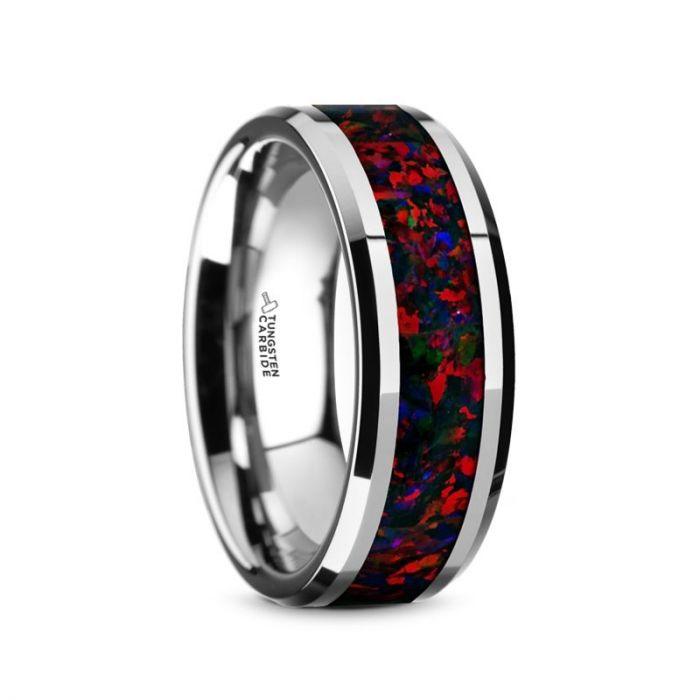 HALLEY - Tungsten Carbide Black Opal Inlay Men’s Wedding Band with Beveled Edges - 8mm - The Rutile Ltd