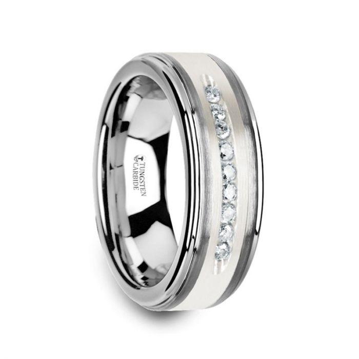 HARPER - Tungsten Wedding Band with Raised Center & Brushed Silver Inlay and 9 Channel Set White Diamonds - 8mm - The Rutile Ltd