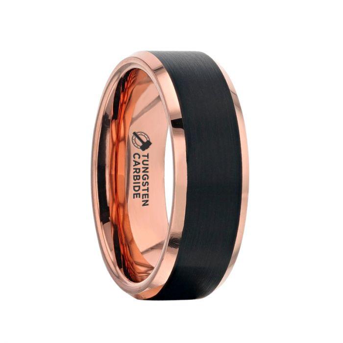 HAYDEN - Rose Gold Plated Tungsten Polished Beveled Ring with Brushed Black Center - 8mm - The Rutile Ltd