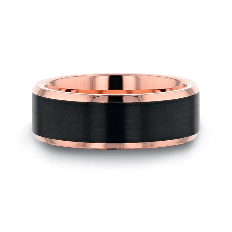 HAYDEN - Rose Gold Plated Tungsten Polished Beveled Ring with Brushed Black Center - 8mm - The Rutile Ltd