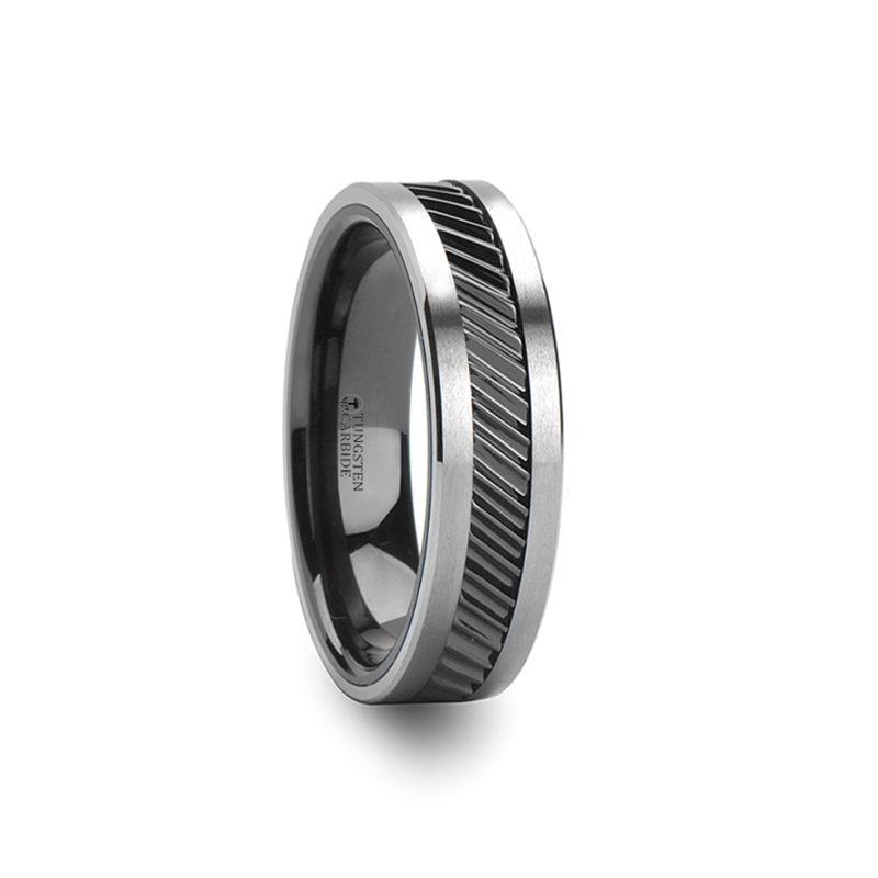 HELIX - Gear Teeth Pattern Black Ceramic and Tungsten Ring - 6mm, 8mm, 10mm - The Rutile Ltd