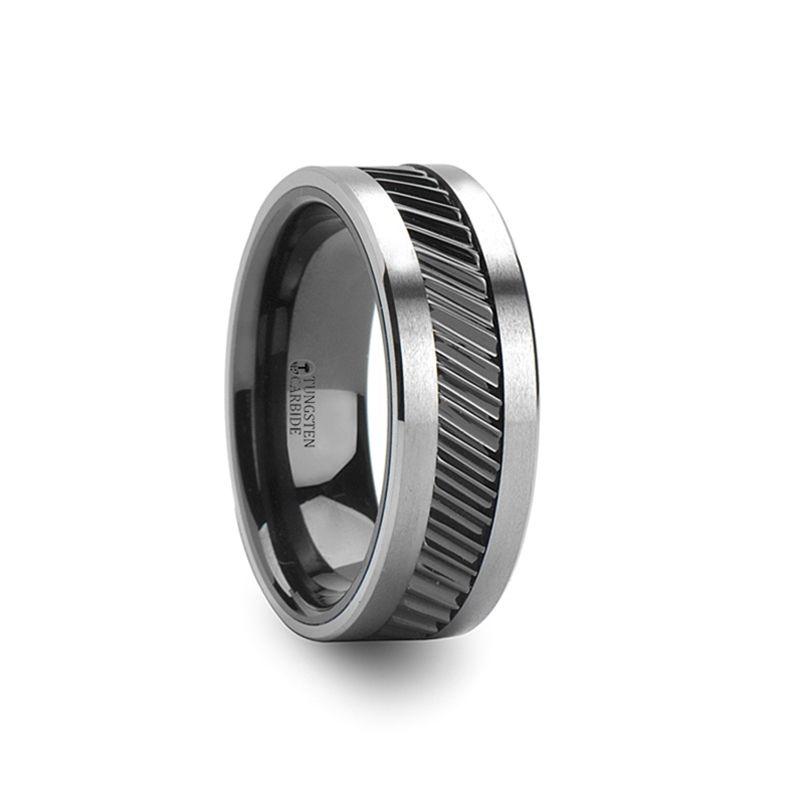 HELIX - Gear Teeth Pattern Black Ceramic and Tungsten Ring - 6mm, 8mm, 10mm - The Rutile Ltd