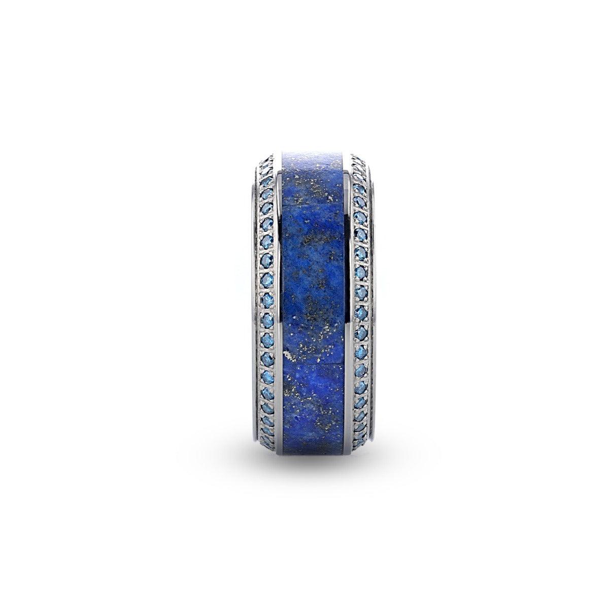 HYDRA - Lapis Lazuli Inlaid Titanium Wedding Ring Polished Beveled Edges Set with Round Blue Diamonds - 10mm - The Rutile Ltd