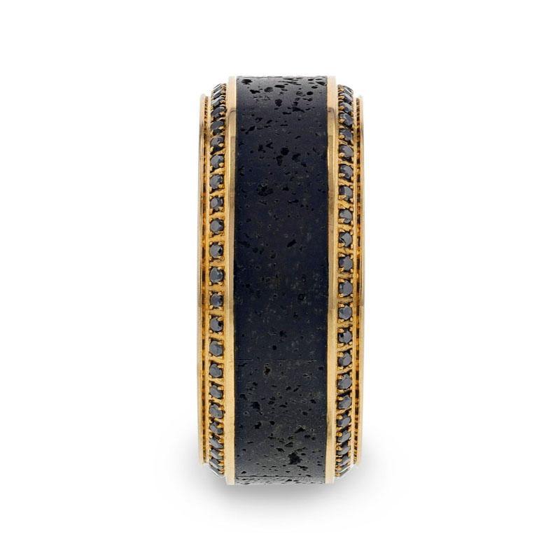 HYPERION - Lava Inlaid 10K Yellow Gold Wedding Ring Polished Beveled Edges Set with Round Black Diamonds - 10mm - The Rutile Ltd