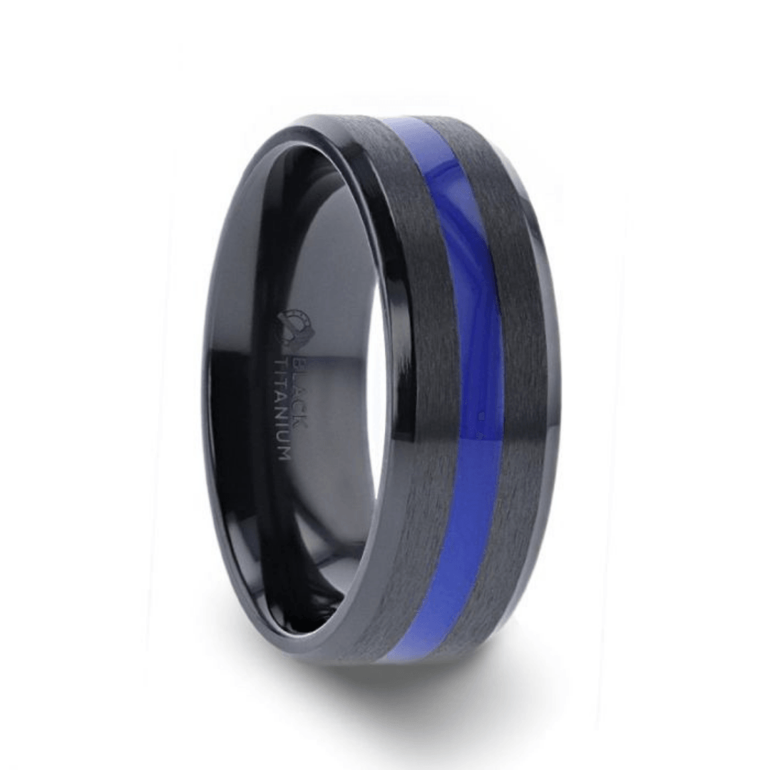 JACKSEN - Black Titanium Men's Wedding Band Beveled Black Titanium With Blue Stripe Inlaid Brushed Finish Center And Polished Beveled Edges - 8mm - The Rutile Ltd