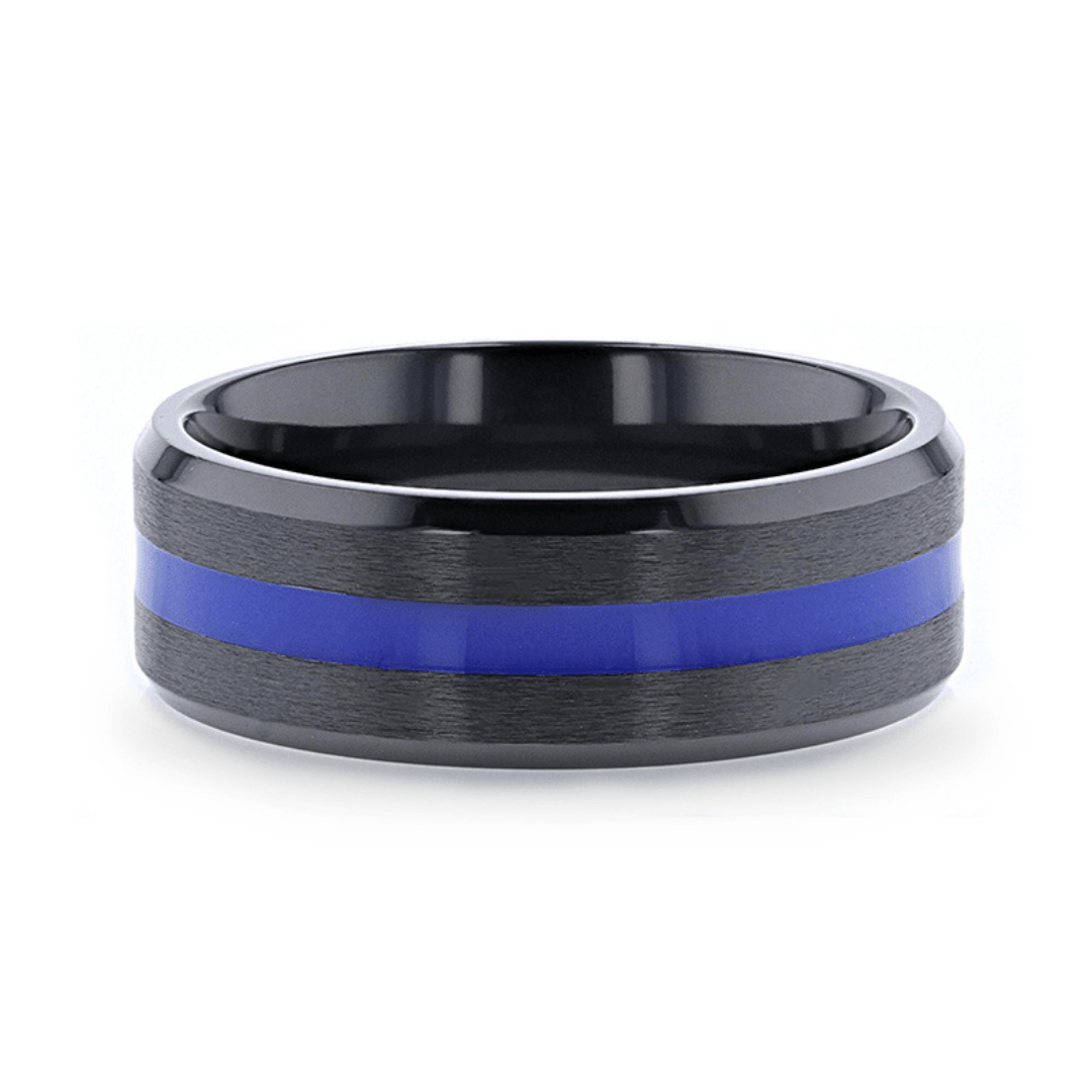 JACKSEN - Black Titanium Men's Wedding Band Beveled Black Titanium With Blue Stripe Inlaid Brushed Finish Center And Polished Beveled Edges - 8mm - The Rutile Ltd