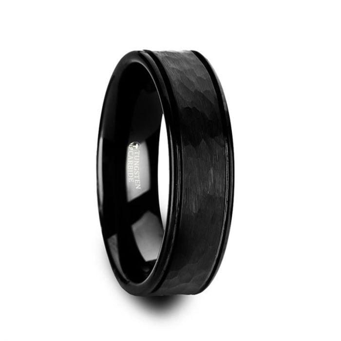 JOINER - Hammered Finish Center Black Tungsten Carbide Wedding Band with Dual Offset Grooves and Polished Edges - 6mm or 8mm - The Rutile Ltd