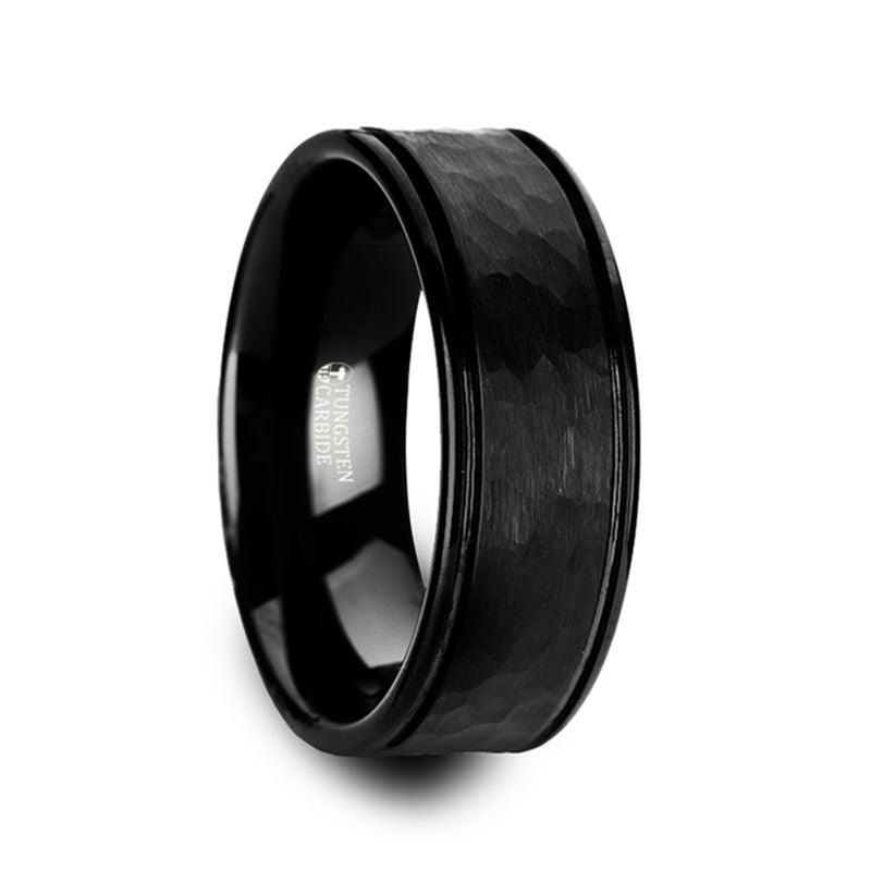 JOINER - Hammered Finish Center Black Tungsten Carbide Wedding Band with Dual Offset Grooves and Polished Edges - 6mm or 8mm - The Rutile Ltd