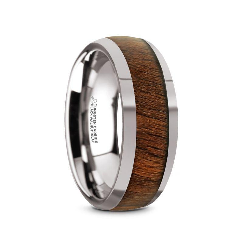 JUGLAN - Tungsten Carbide Polished Finish Men’s Domed Wedding Ring with Exotic Black Walnut Wood Inlay - 8mm - The Rutile Ltd