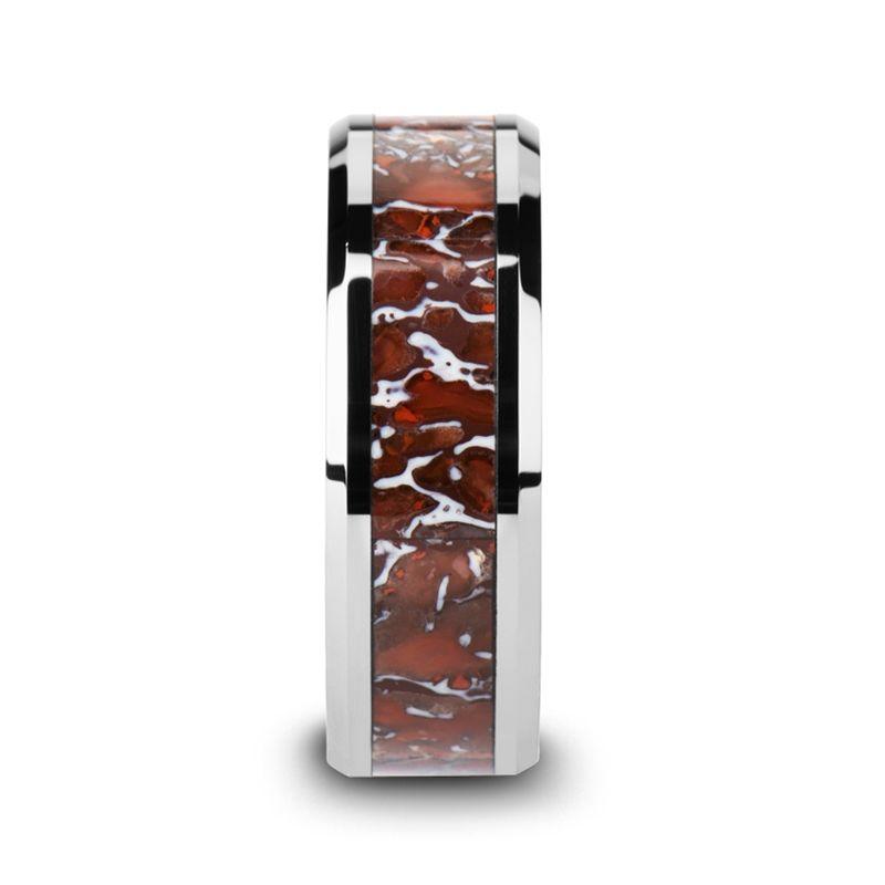 JURASSIC - Red Dinosaur Bone Inlaid Tungsten Carbide Beveled Edged Ring - 4mm & 8mm - The Rutile Ltd