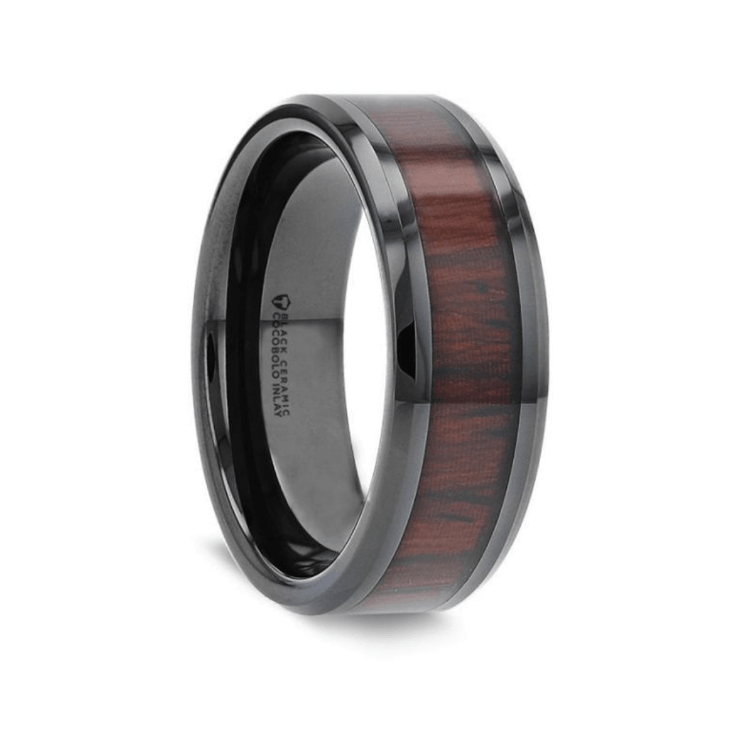 KAI - Beveled Black Ceramic Ring with Cocobolo Wood Inlay - 8mm - The Rutile Ltd