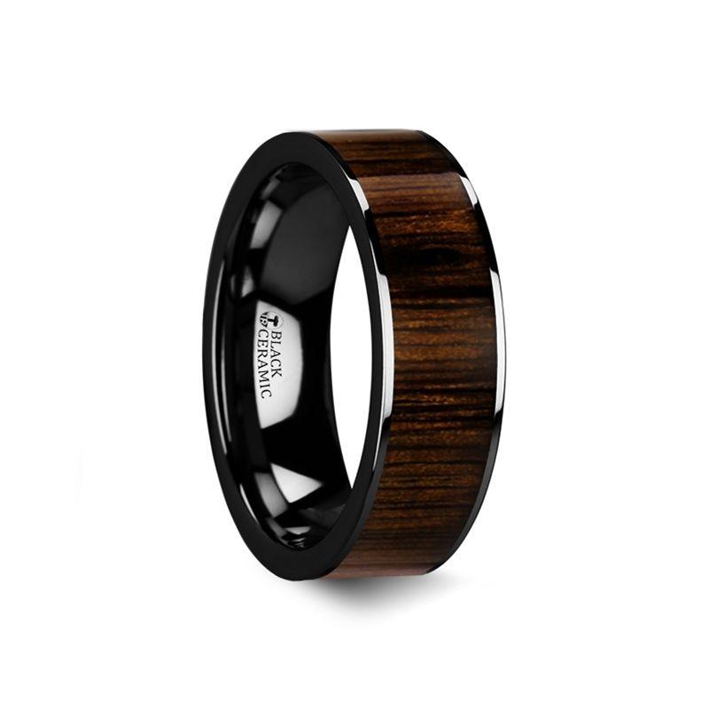 KENDO - Black Ceramic Polished Finish Ring with Black Walnut Wood Inlay - 6mm to 10mm - The Rutile Ltd