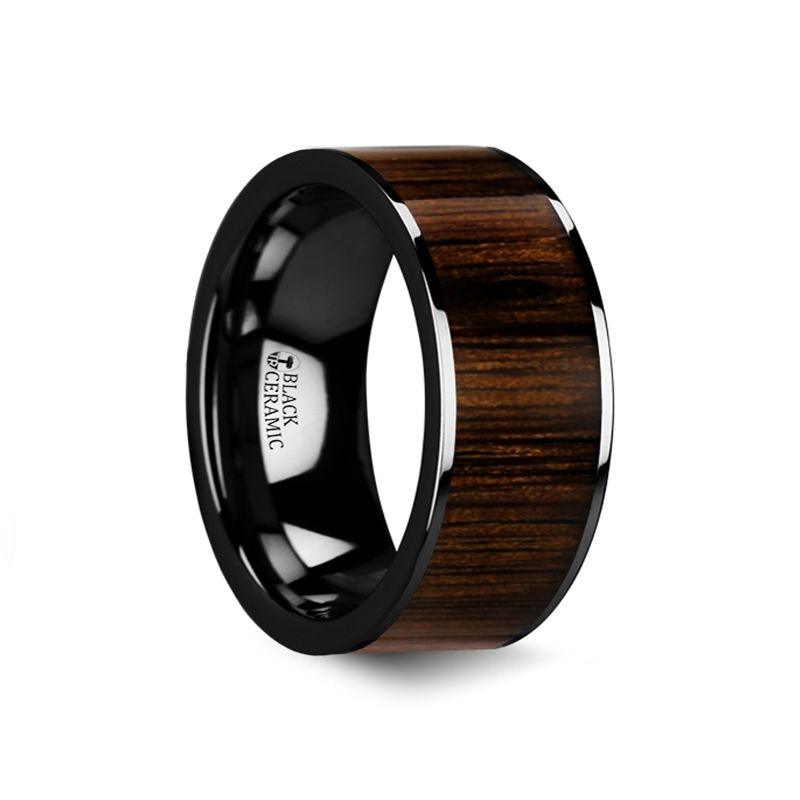 KENDO - Black Ceramic Polished Finish Ring with Black Walnut Wood Inlay - 6mm to 10mm - The Rutile Ltd