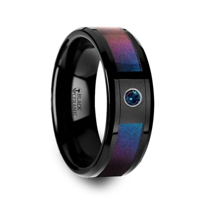 KLEIN - Black Ceramic Ring with Blue & Purple Color Changing Inlay and Alexandrite Setting - 8mm - The Rutile Ltd