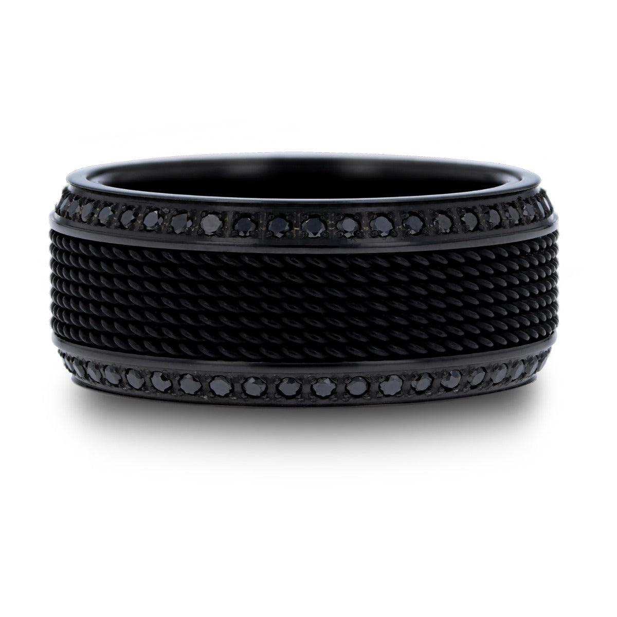 KNIGHT - Steel Chain Black Titanium Wedding Ring Polished Beveled Edges Set with Round Black Diamonds - 10mm - The Rutile Ltd
