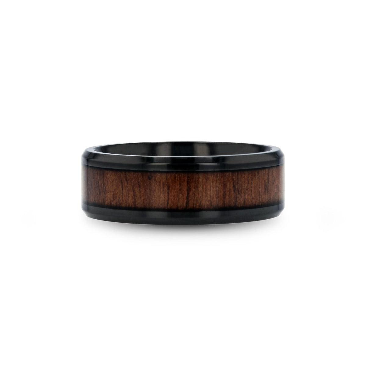 KONY - Black Titanium Polished Beveled Edges Black Walnut Wood Inlaid Men’s Wedding Ring - 8mm - The Rutile Ltd