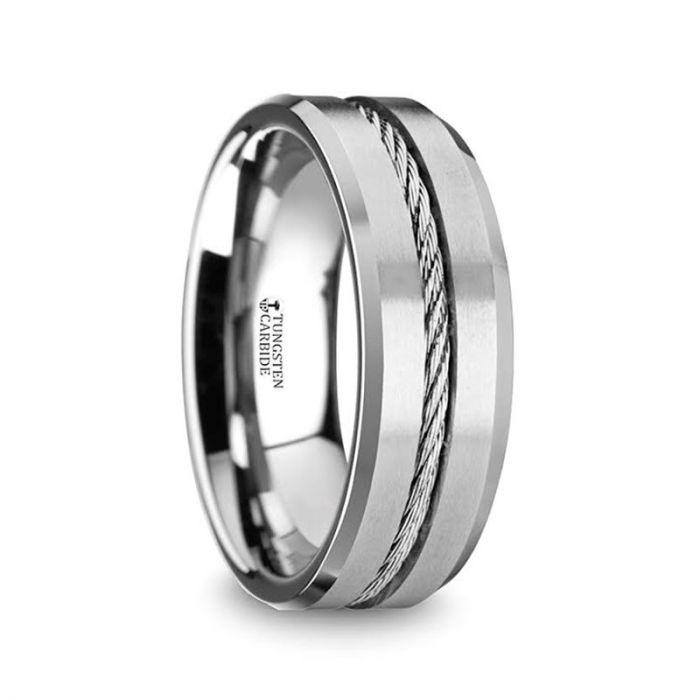 LANNISTER - Men’s Tungsten Flat Wedding Band with Steel Wire Cable Inlay & Beveled Edges - 8mm - The Rutile Ltd